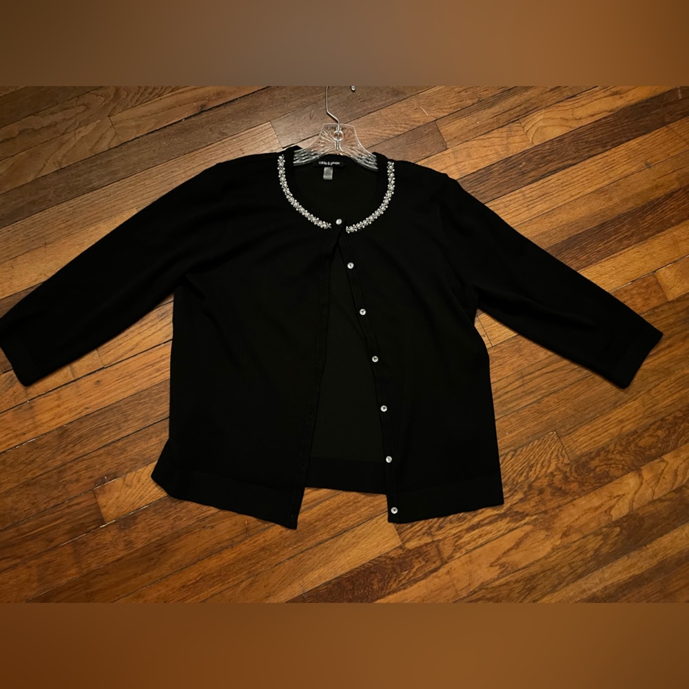 Womens Cable & Gauge Black Cardigan Sweater XL Beaded Neckline 3/4 sleeve wow! - Picture 8 of 11